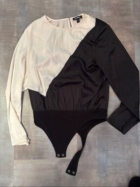 Express Black and Cream Diagonal Long Sleeve Bodysuit